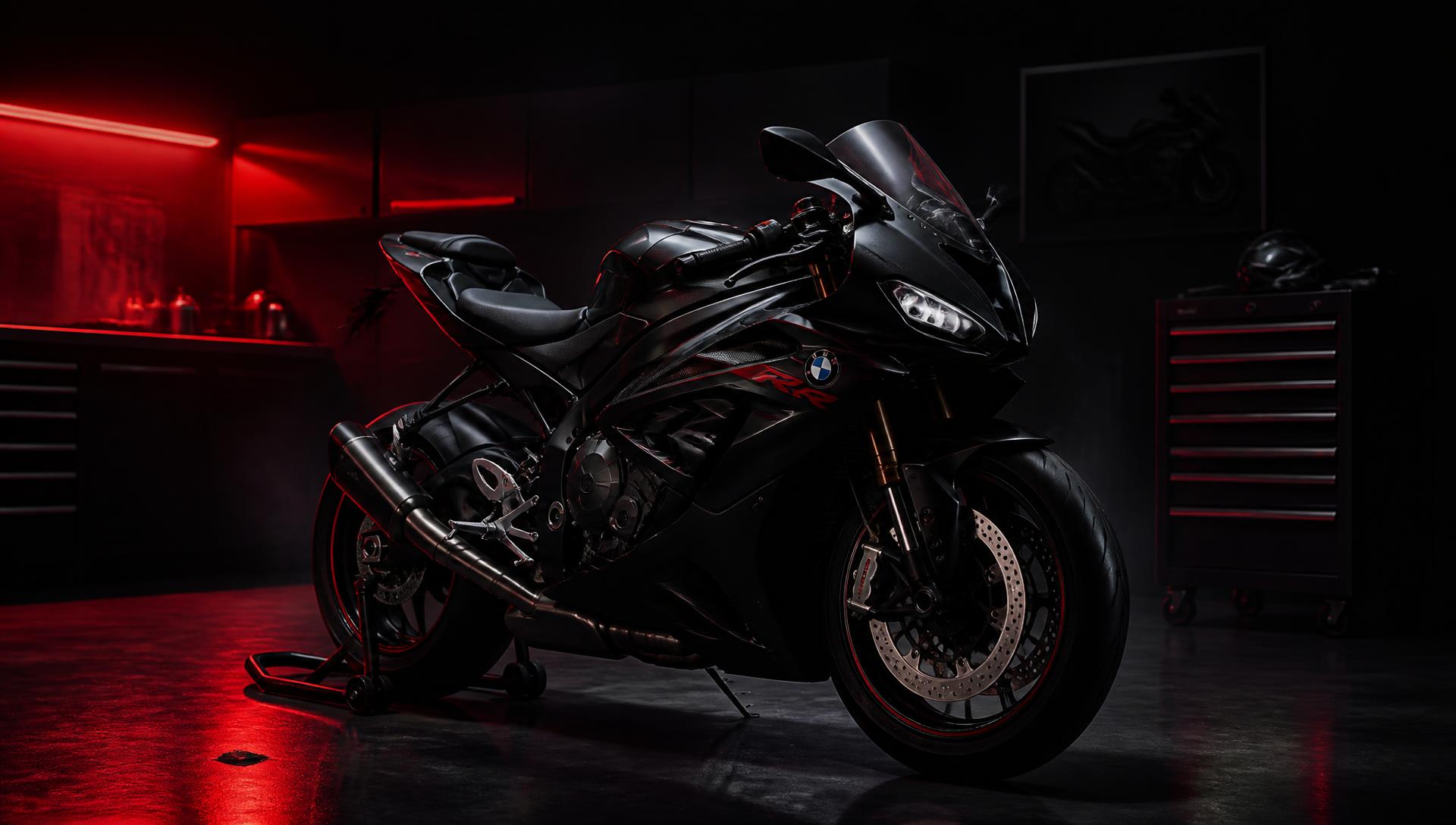 Motocicleta moderna en taller con iluminación roja